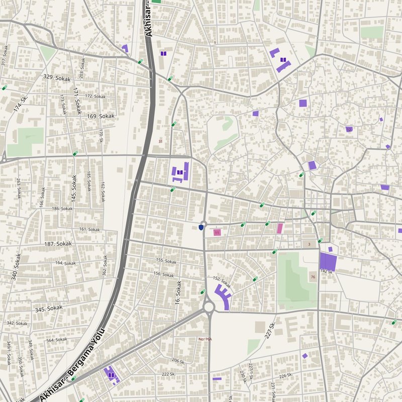 Akhisar map with house numbers, hospitals, police and fire stations — printable PDF, Türkiye