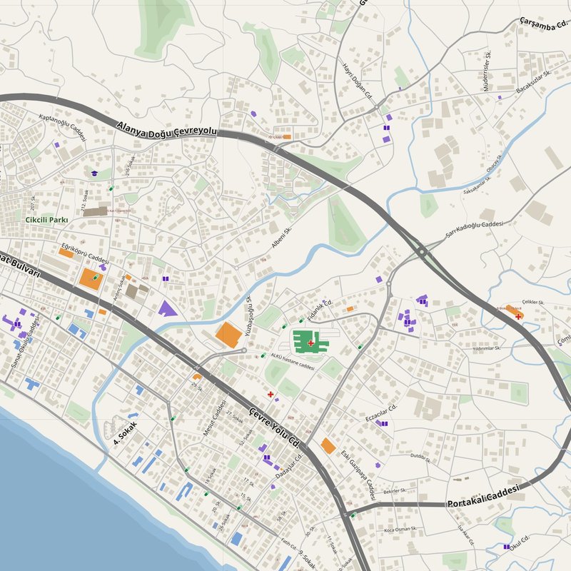 Alanya map with house numbers, hospitals, police and fire stations — printable PDF, Türkiye