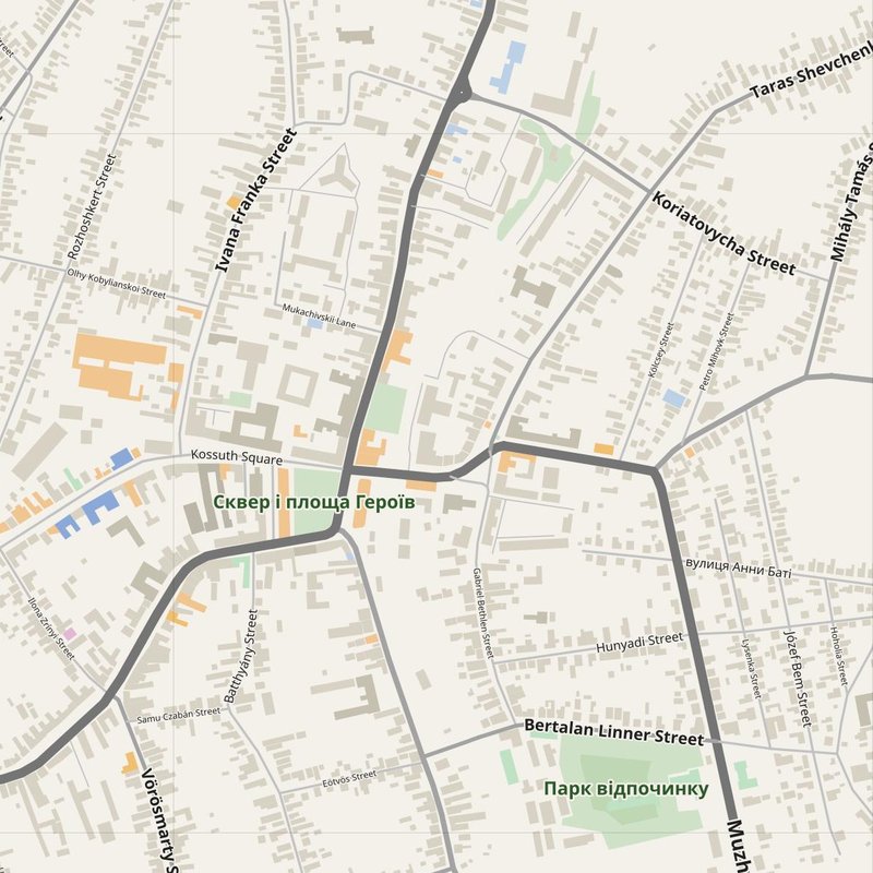 Berehove street map with house numbers — printable address map PDF, Ukraine