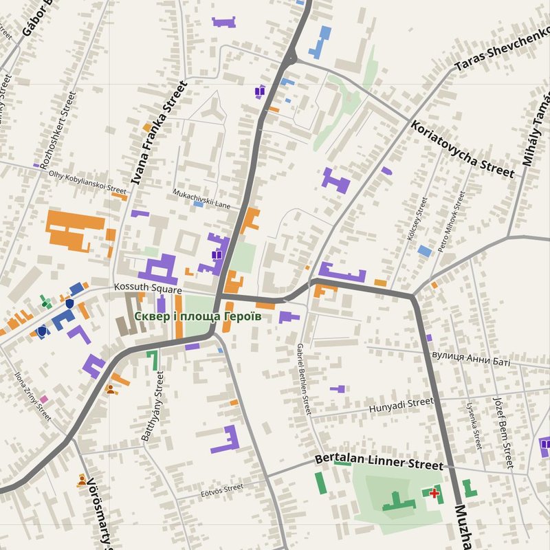 Berehove map with house numbers, hospitals, police and fire stations — printable PDF, Ukraine
