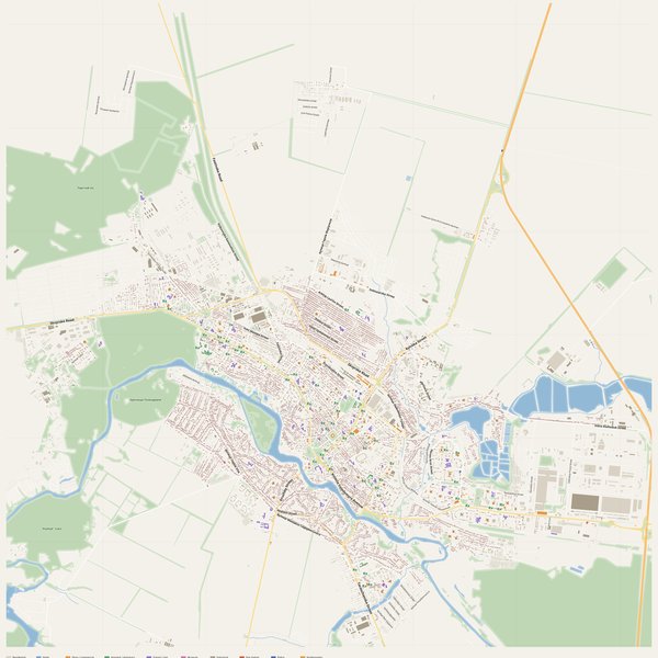 Bila Tserkva map with house numbers, hospitals, police and fire stations — printable PDF, Ukraine