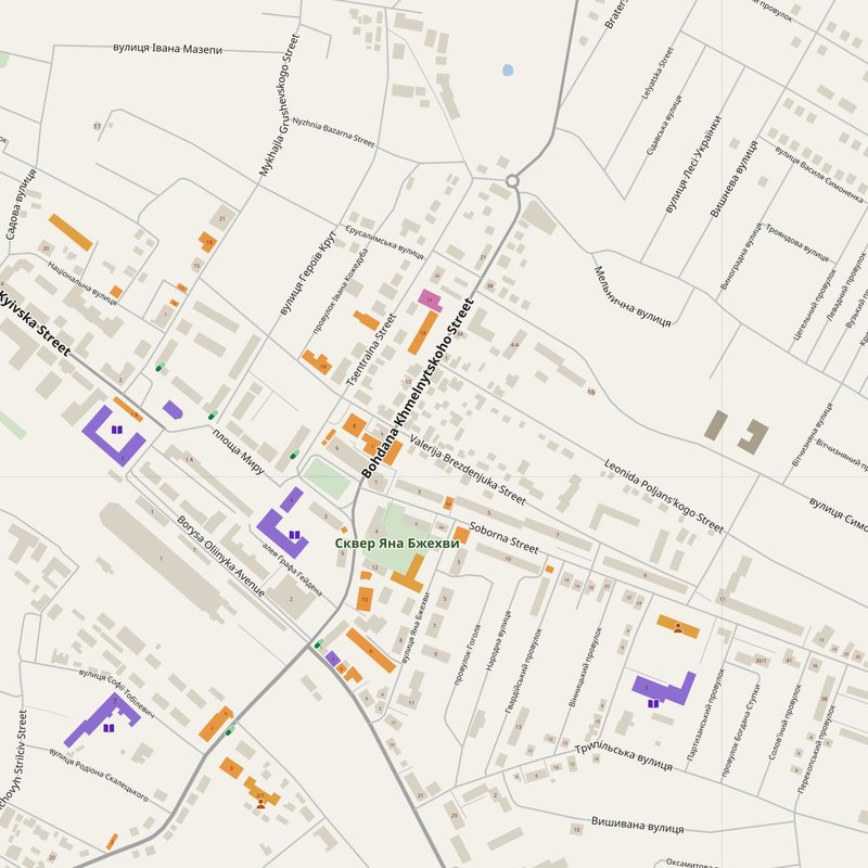 Zhmerynka map with house numbers, hospitals, police and fire stations — printable PDF, Ukraine