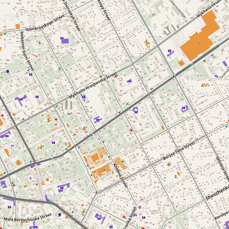 Zhytomyr map with house numbers, hospitals, police and fire stations — printable PDF, Ukraine