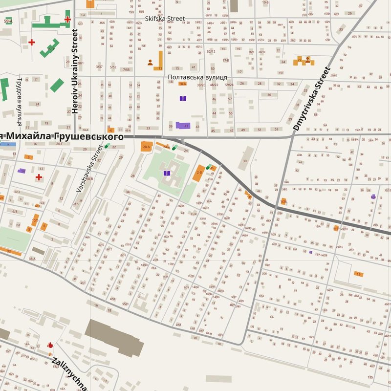 Znamyanka map with house numbers, hospitals, police and fire stations — printable PDF, Ukraine