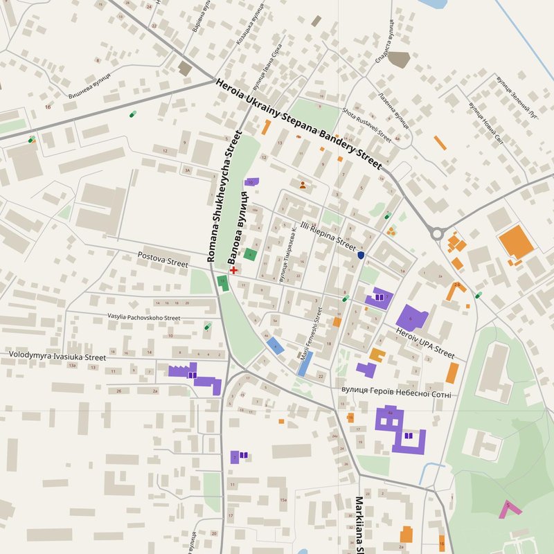 Zolochiv map with house numbers, hospitals, police and fire stations — printable PDF, Ukraine