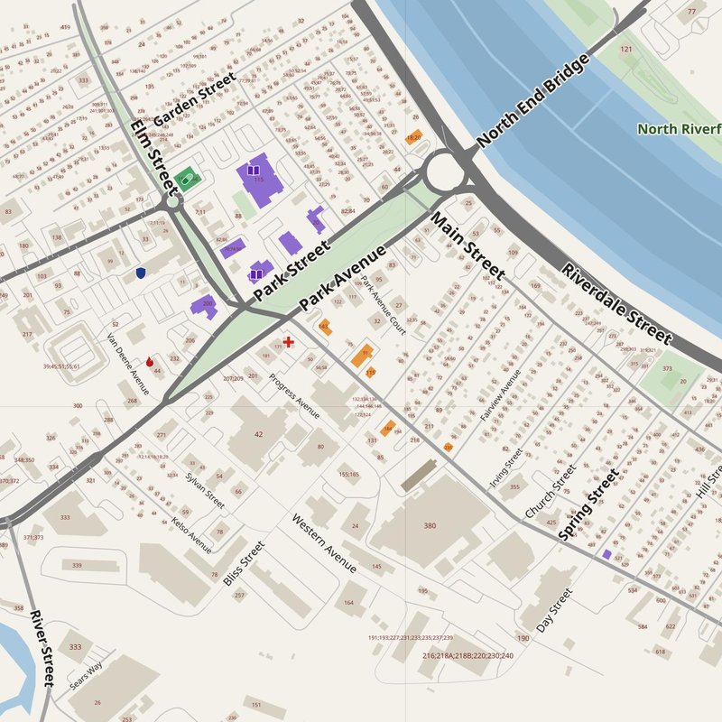 Agawam map with house numbers, hospitals, police and fire stations — printable PDF, United States