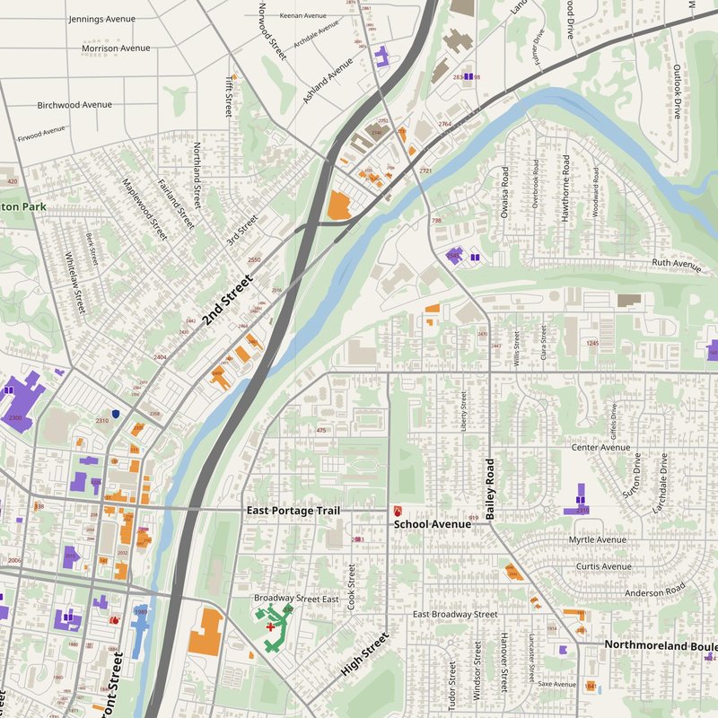 Akron map with house numbers, hospitals, police and fire stations — printable PDF, United States