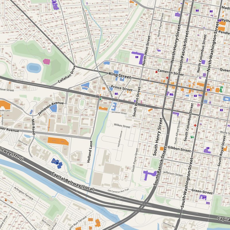 Alexandria map with house numbers, hospitals, police and fire stations — printable PDF, United States