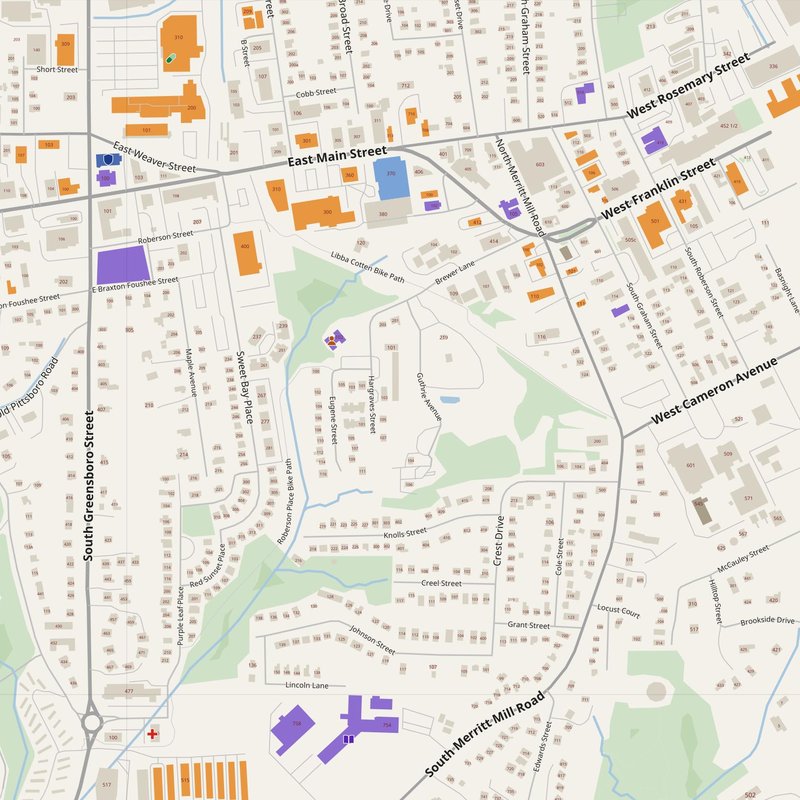 Carrboro map with house numbers, hospitals, police and fire stations — printable PDF, United States