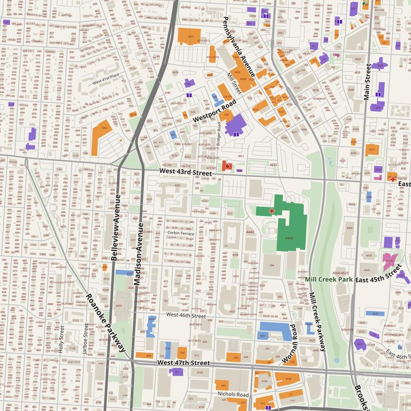 Kansas City map with house numbers, hospitals, police and fire stations — printable PDF, United States
