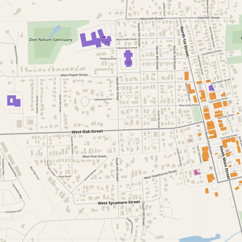 Zionsville map with house numbers, hospitals, police and fire stations — printable PDF, United States