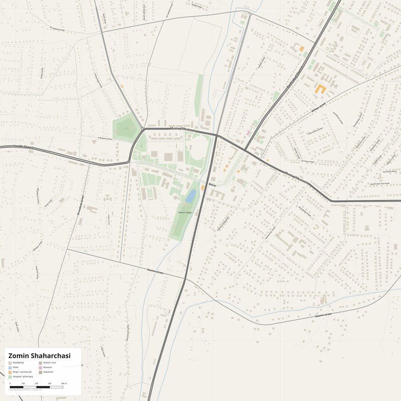 Printable street map poster of Zomin Shaharchasi, Uzbekistan