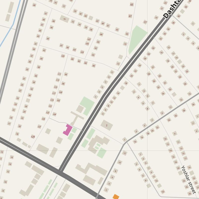 Zomin Shaharchasi map with house numbers, hospitals, police and fire stations — printable PDF, Uzbekistan